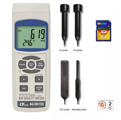 Medidor de calidad de aire dióxido de carbono, monóxido, oxígeno, humedad y temperatura AQ-9901SD